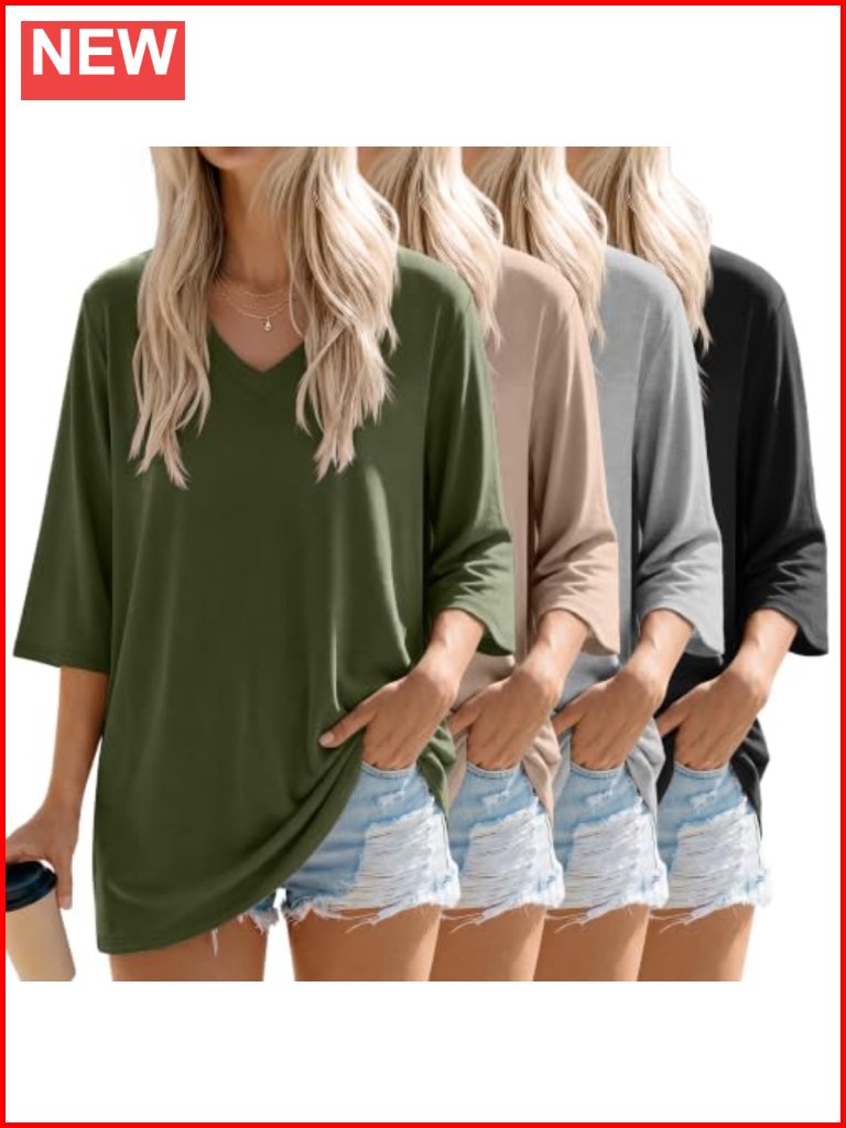 4-Pack Women's Oversized Cotton Tees 3/4 Sleeve V-Neck Tunic Tops